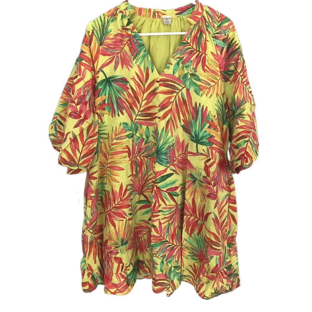 Magaschoni Tunic Top Women M 100% Linen V Neck 3/4 Sleeve Tropical Hawaiian EUC